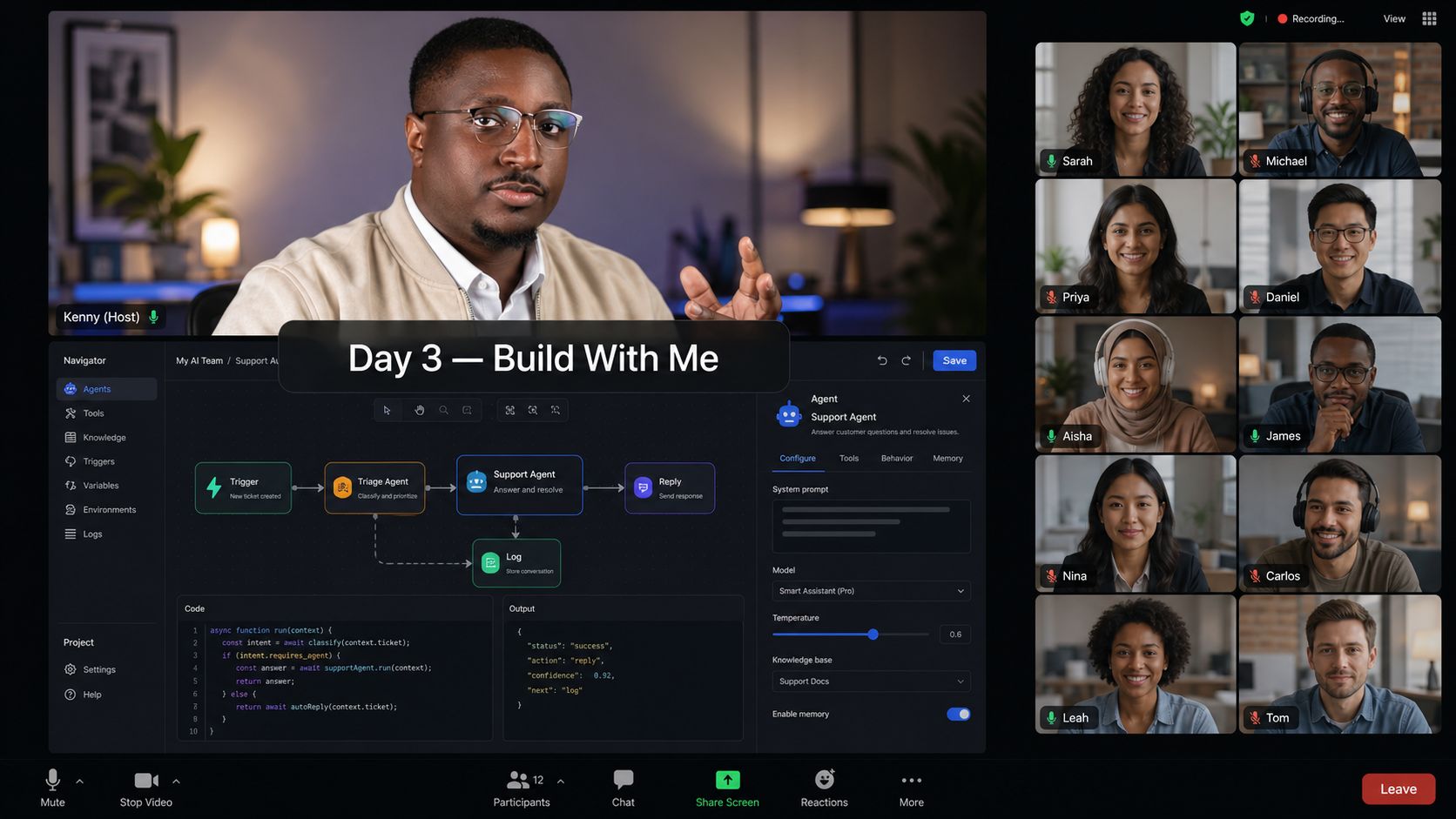 Live workshop screenshot showing Kenny hosting a session with 10 students building agents together in real time — Day 3 of AMM: Build With Me
