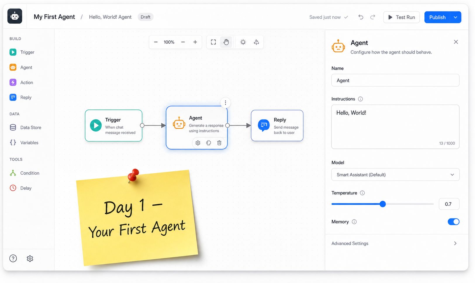 AI agent builder interface with a Trigger → Agent → Reply flow and a 'Day 1 — Your First Agent' sticky note — what you build on Day 1 of AMM
