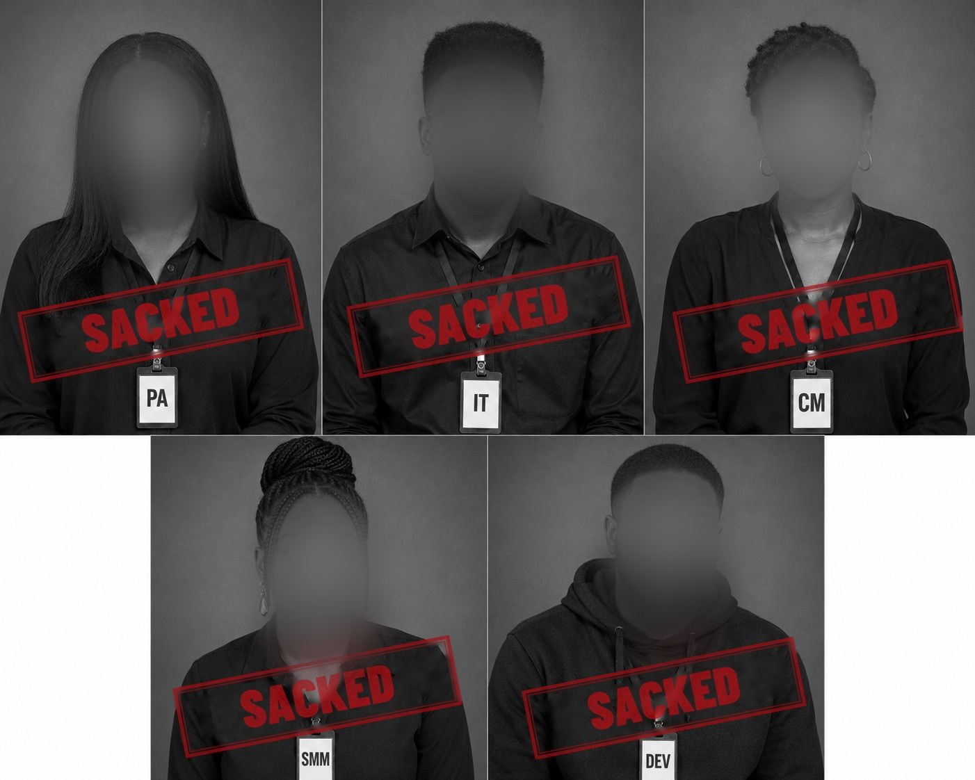 Kenny's former team, faces blurred for privacy, with SACKED overlay — each role replaced by an AI agent