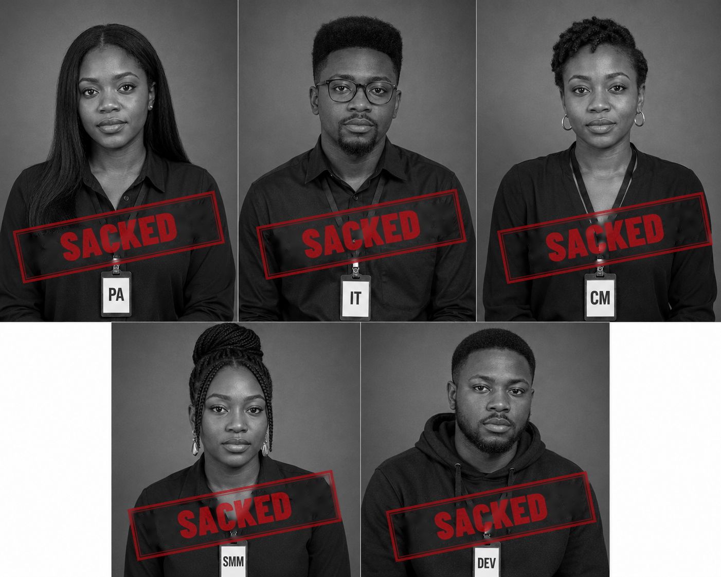Kenny's former staff with SACKED overlay — each role replaced by an AI agent
