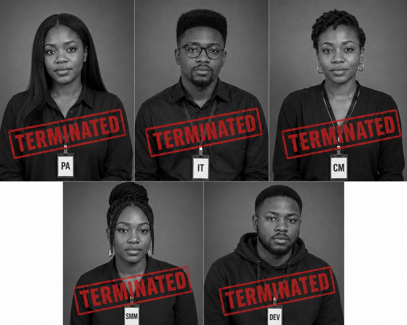 Kenny's former staff with TERMINATED overlay — each role replaced by an AI agent