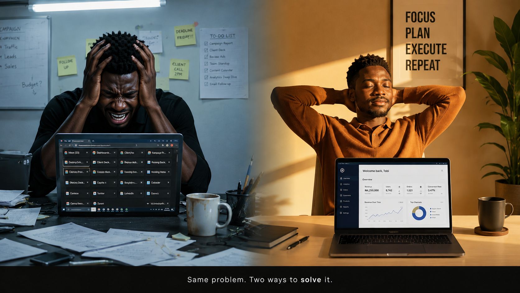 Side-by-side: stressed entrepreneur drowning in tabs and to-do lists vs. calm entrepreneur with a clean AI-powered dashboard