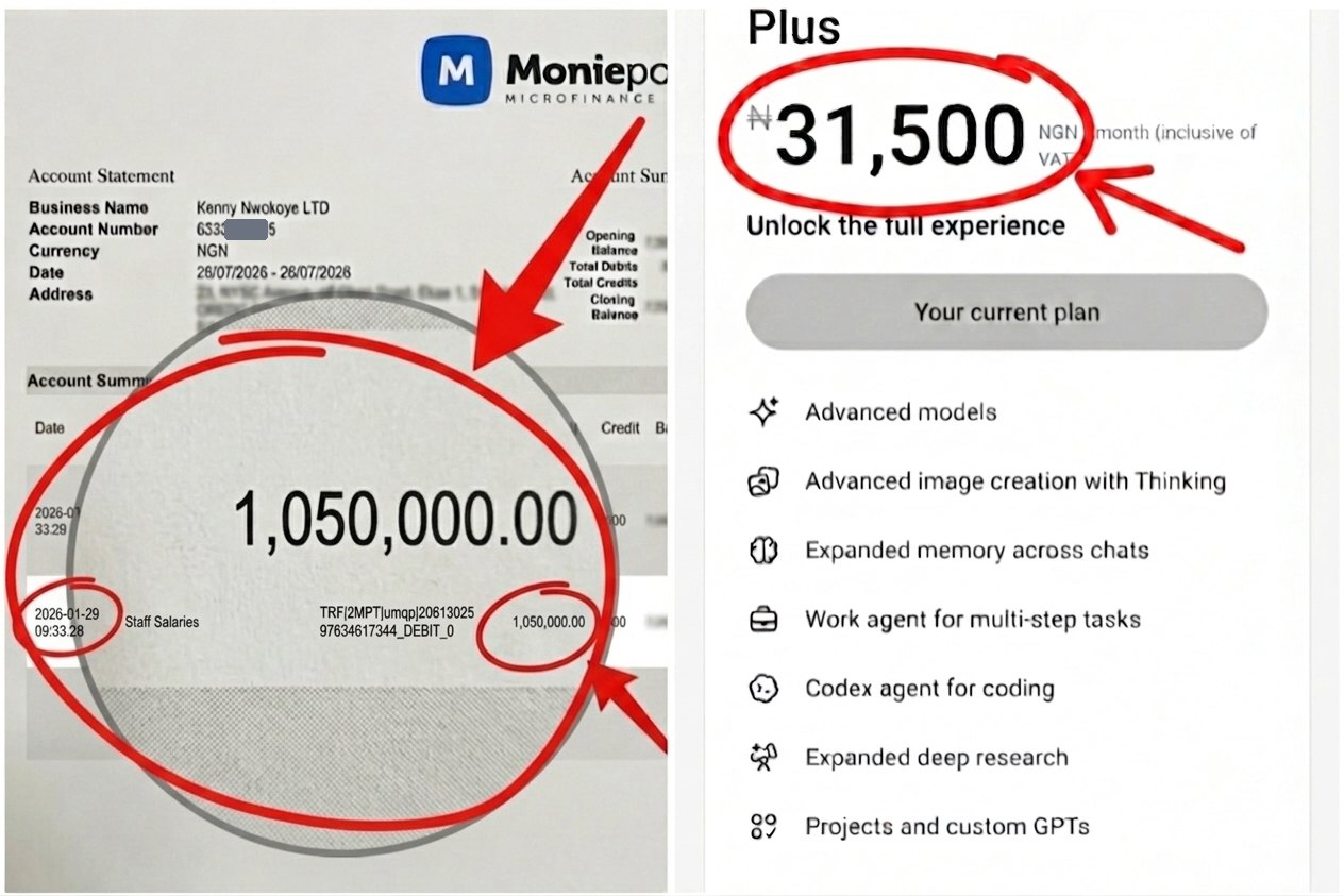 Moniepoint business account statement showing a 1,050,000 naira staff salary payment, beside a ChatGPT Plus subscription costing 31,500 naira a month