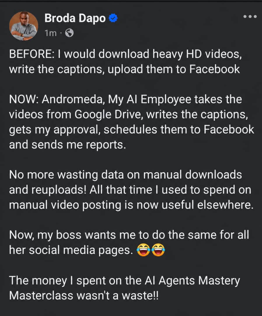 Facebook testimonial from Broda Dapo describing AI-assisted video-posting workflow
