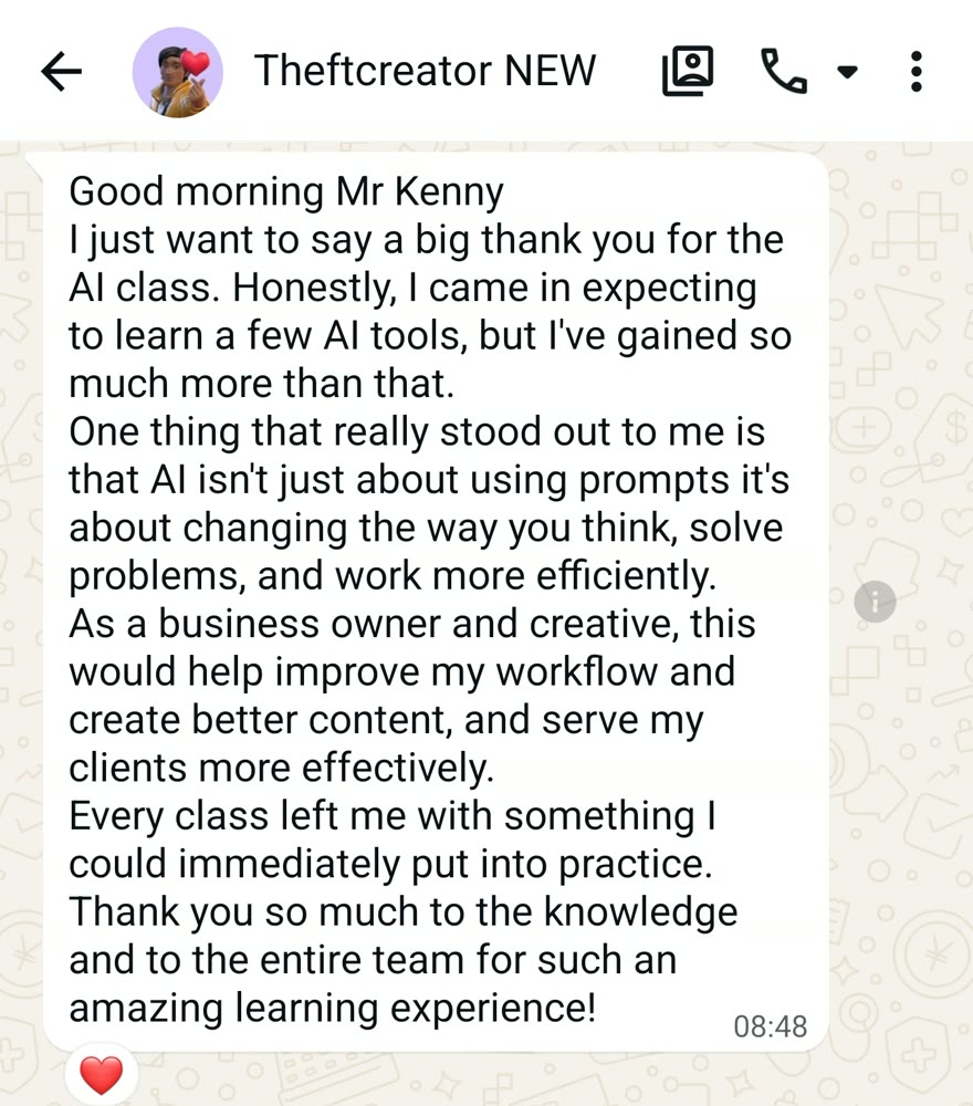WhatsApp message: every class left me with something I could immediately put into practice