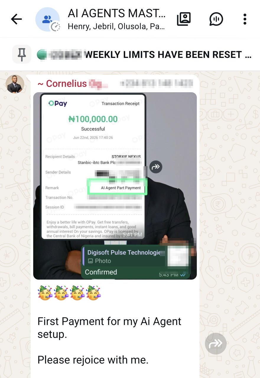 Payment receipt: 100,000 naira first payment for an AI agent setup